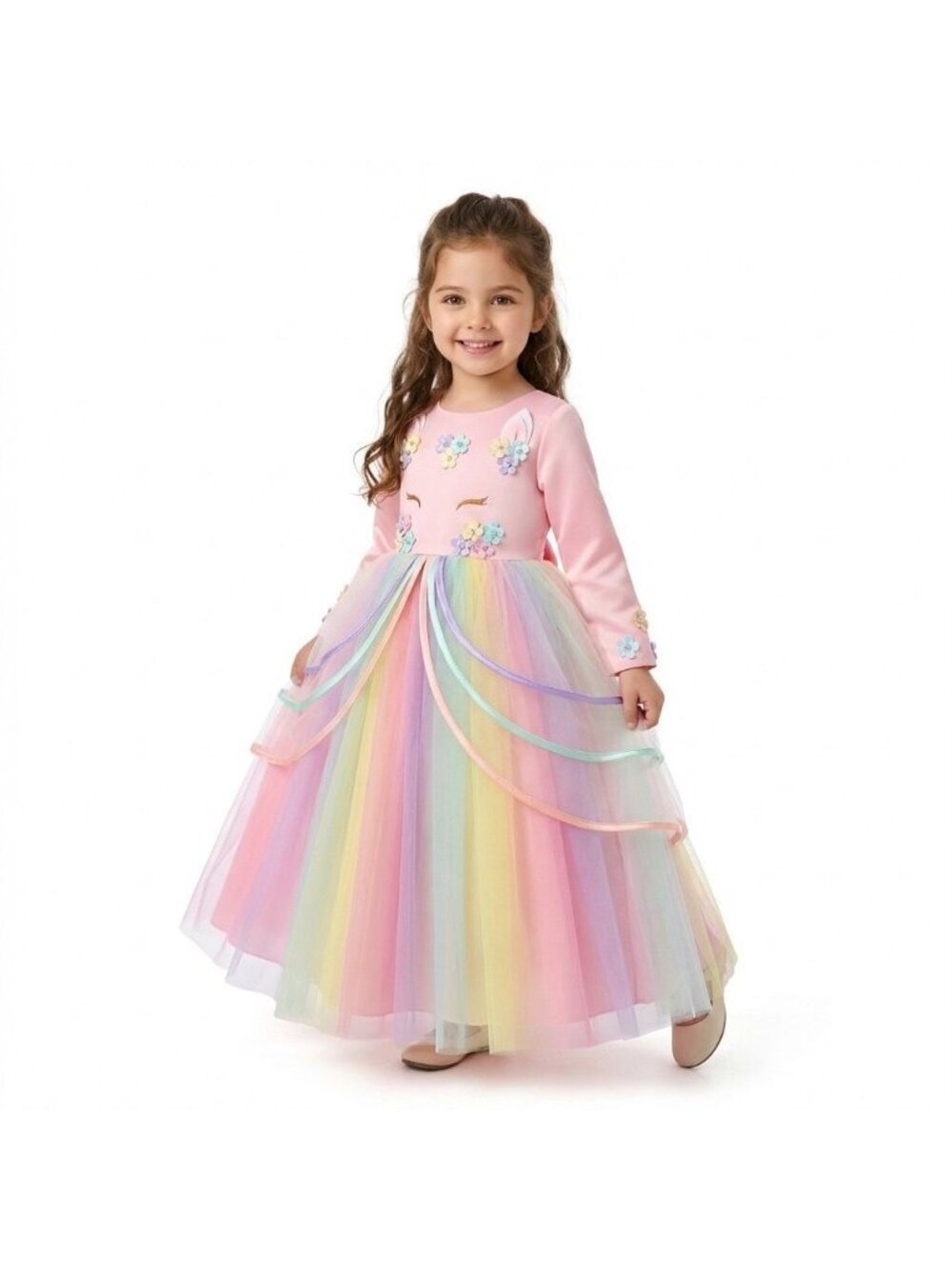 Girls Unicorn Princess Party Dress Pink Pastel Rainbow Tulle Birthday Party